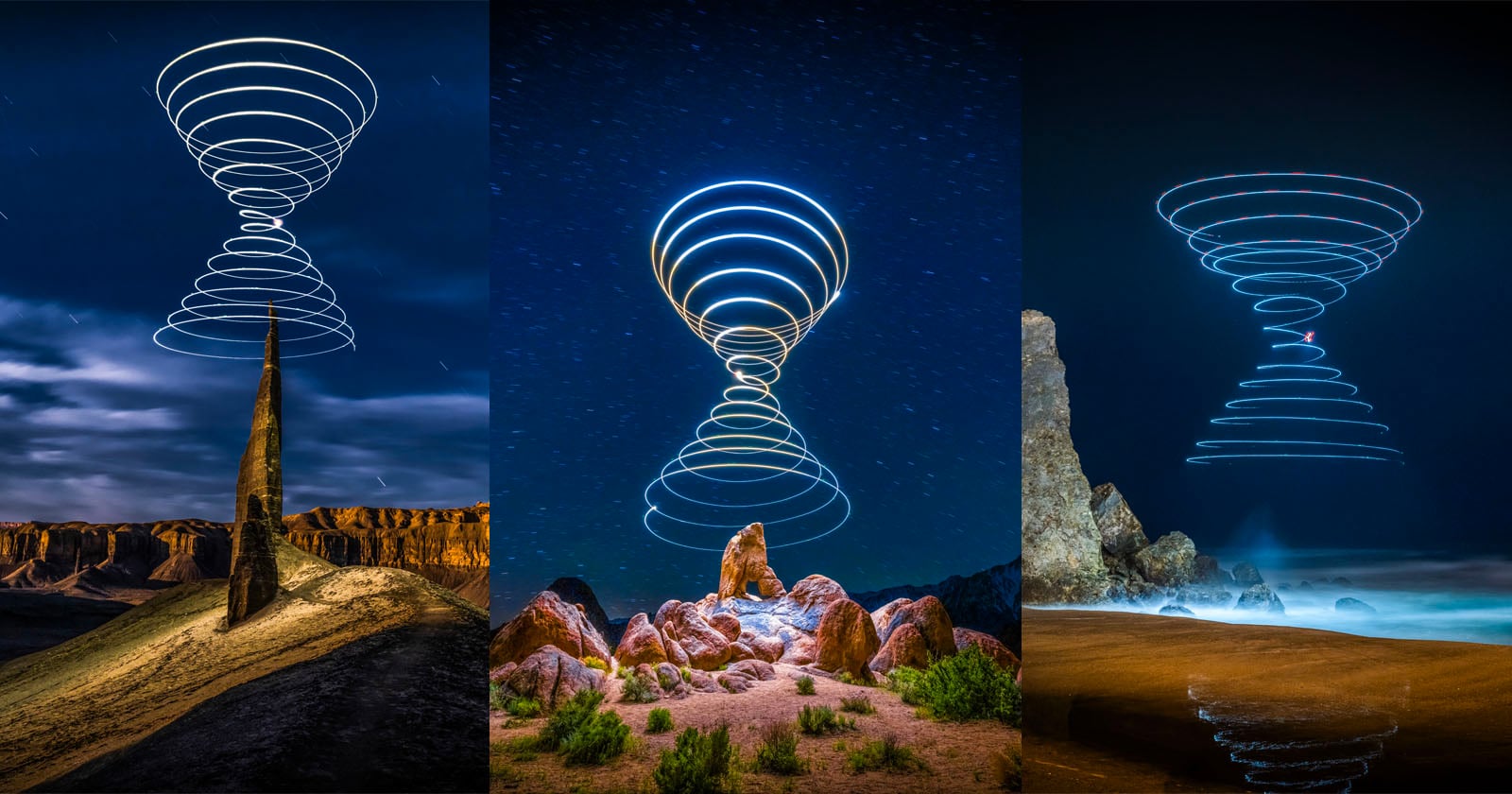 Three photos show nighttime landscapes with dramatic rock formations, each featuring swirling, hourglass-shaped light trails in the sky, created by long-exposure photography. The scenes have a surreal, luminous effect.