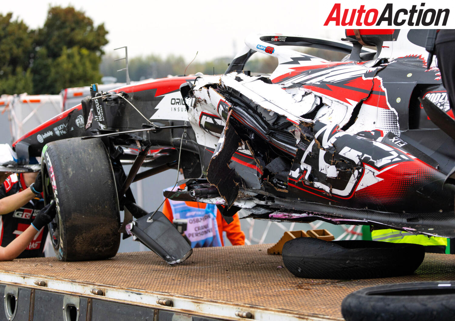 Oliver Bearman's crashed Haas VF-26 in the barriers at Spoon corner, 2026 Japanese Grand Prix, Suzuka.