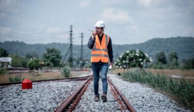 A railway worker walks along the train tracks in a visi vest and speaking into a walkie talkie.