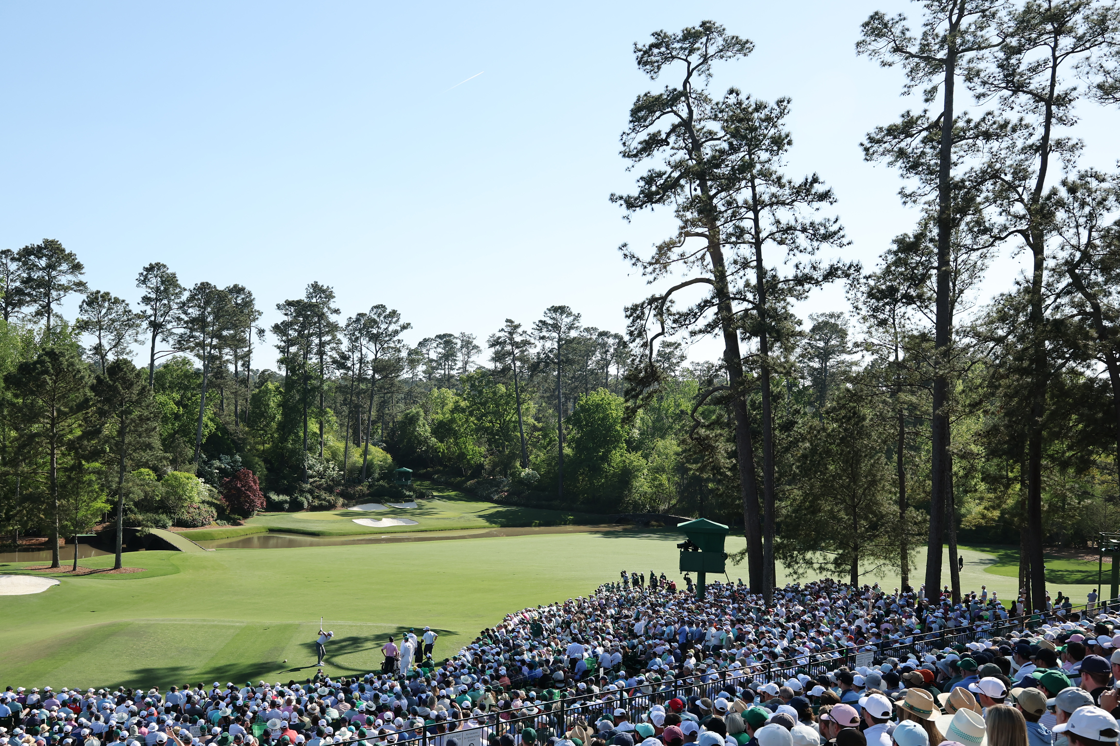 A general view is seen as Rory McIlroy plays his shot from the 12th tee during the second round of the 2026 Masters Tournament at Augusta National Golf Club