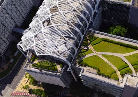 An aerial view of building rooftops, produced using Gaussian splat technology