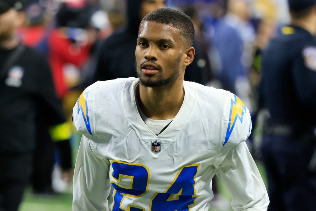 Nasir Adderley #24 of the Los Angeles Chargers walks off the field after a win over the Indianapolis Colts at Lucas Oil Stadium on December 26, 2022 in Indianapolis, Indiana.