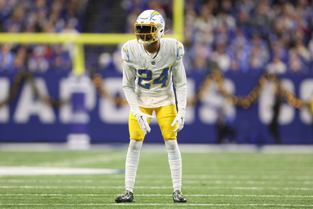 Nasir Adderley #24 of the Los Angeles Chargers in coverage during an NFL football game against the Indianapolis Colts at Lucas Oil Stadium on December 26, 2022 in Indianapolis, Indiana. 