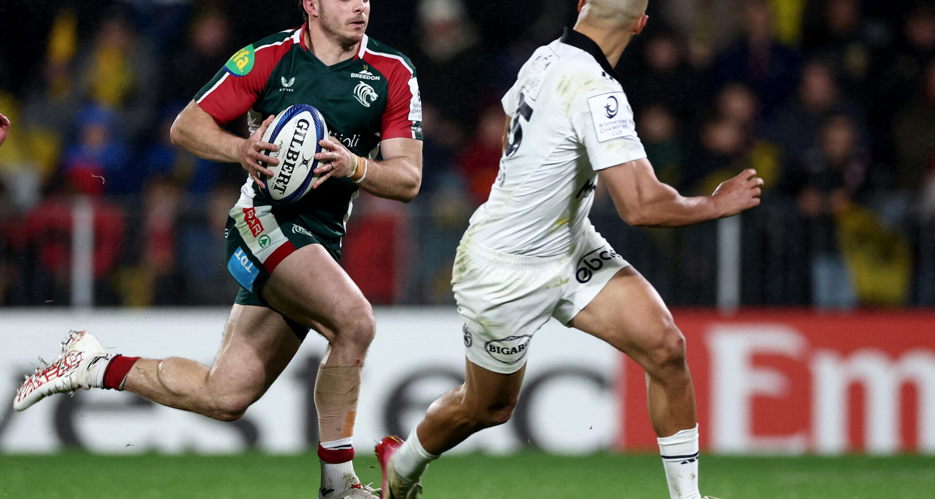 Leicester Tigers’ Adam Radwan runs with the ball during the December 2025 Champions Cup match against La Rochelle