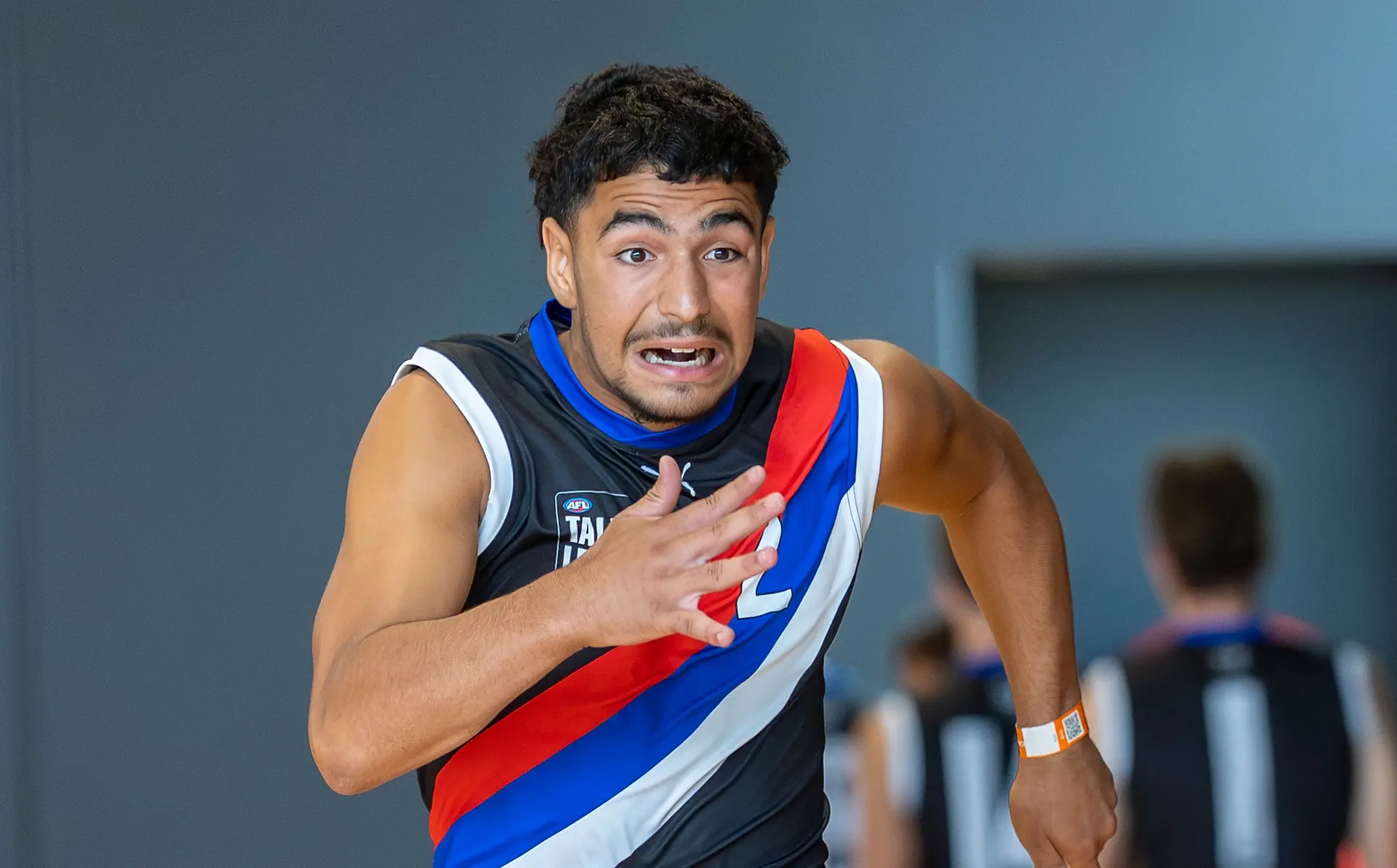 MELBOURNE, AUSTRALIA - MARCH 07: Khaled El Souki of the Jets completes the 20m sprint test during the Talent League Boys 2026 Testing Day at La Trobe University Sports Stadium on March 7th, 2026 in Melbourne, Australia. (Photo by Craig Dooley/AFL Photos via Getty Images)