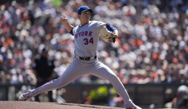SAN FRANCISCO, CALIFORNIA - APRIL 5: Kodai Senga #34 of the New York Mets pitches at Oracle Park on April 5, 2026 in San Francisco, California. (Photo by Andy Kuno/San Francisco Giants/Getty Images)