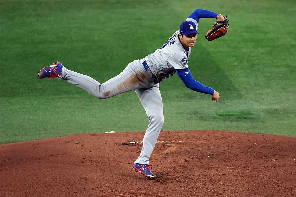 TORONTO, ON - APRIL 08: Shohei Ohtani #17 of the Los Angeles Dodgers pitches in the second inning during a game against the Toronto Blue Jays at Rogers Centre on April 8, 2026 in Toronto, Ontario, Canada. (Photo by Vaughn Ridley/Getty Images)