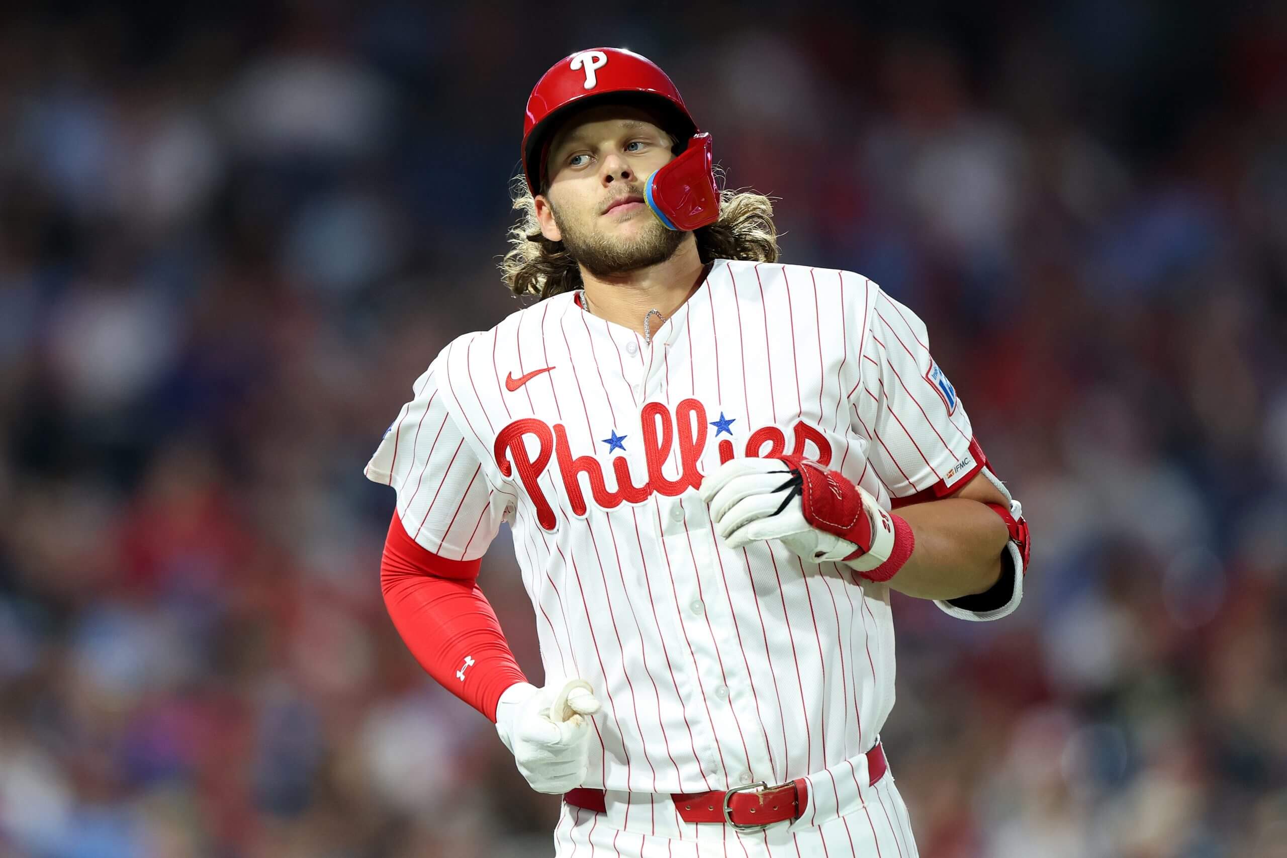 Alec Bohm #28 of the Philadelphia Phillies reacts after an out during a game against the Washington Nationals at Citizens Bank Park on March 31, 2026 in Philadelphia, Pennsylvania. 