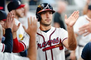 ATLANTA, GA - APRIL 13: Matt Olson #28 of the Atlanta Braves celebrates in the fourth inningduring the game against the Miami Marlins at Truist Park on April 13, 2026 in Atlanta, Georgia. (Photo by Matthew Grimes Jr./Atlanta Braves/Getty Images)