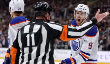 In the NHL playoffs, which calls are reviewable, and how are officials assigned?
