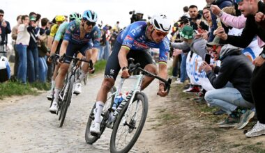 ROUBAIX, FRANCE - APRIL 12: (L-R) Jasper Stuyven of Belgium and Team Soudal Quick-Step and Mathieu van der Poel of Netherlands and Team Alpecin-Premier Tech compete in the chase group during the 123rd Paris-Roubaix Hauts-de-France 2026 - Men