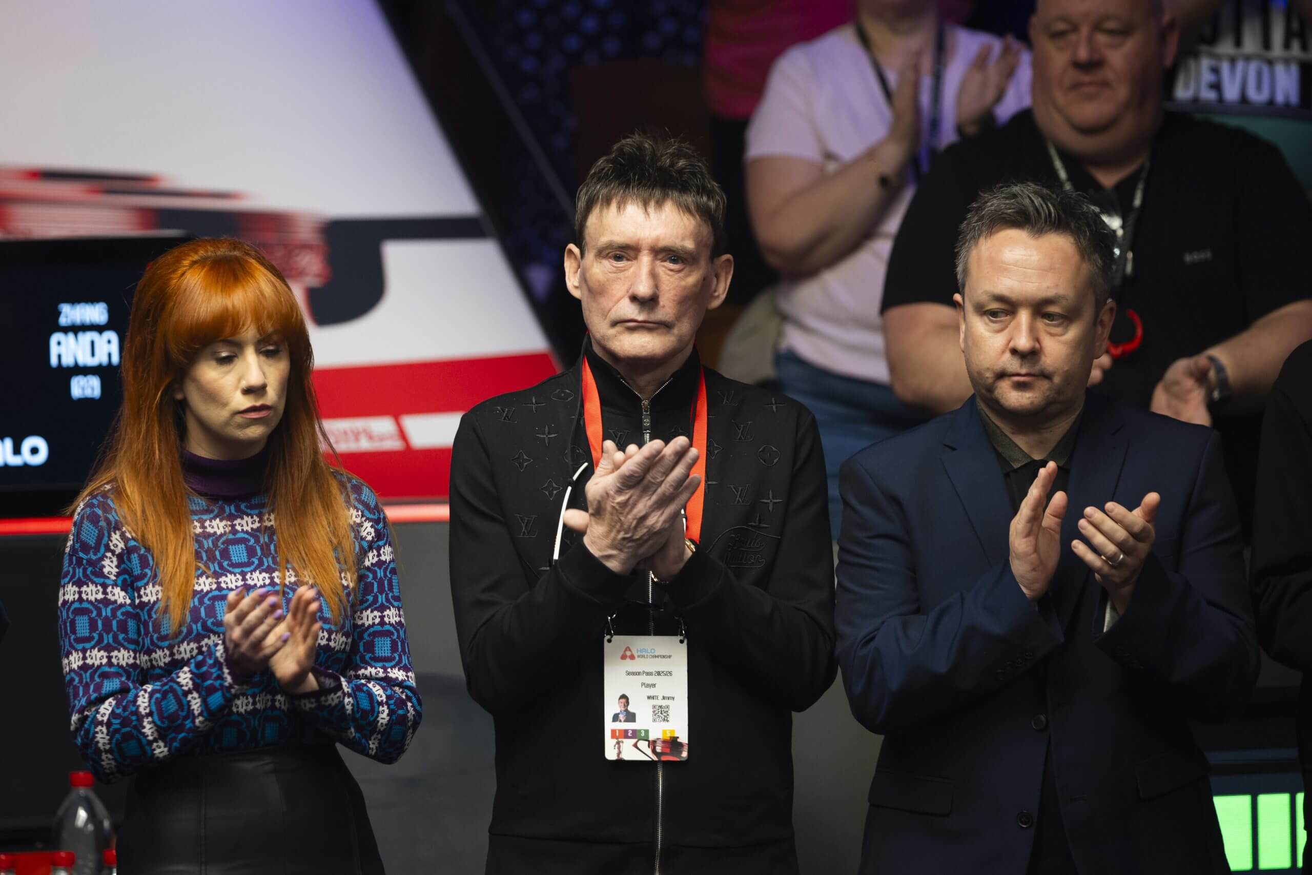 Jimmy White participates in a minute's applause for the late John Virgo during day one of the World Snooker Championship at The Crucible Theatre on April 18, 2026