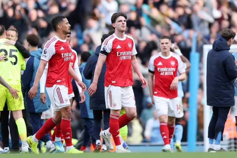 MANCHESTER, ENGLAND - APRIL 19: Declan Rice of Arsenal looks on after the Premier League match between Manchester City and Arsenal at Etihad Stadium on April 19, 2026 in Manchester, England. (Photo by Michael Regan/Getty Images)