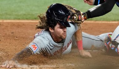 Cleveland Guardians' Daniel Schneemann is tagged out at the plate during the eighth inning of the team's baseball game against the Miami Marlins, Friday, June 7, 2024, in Miami.