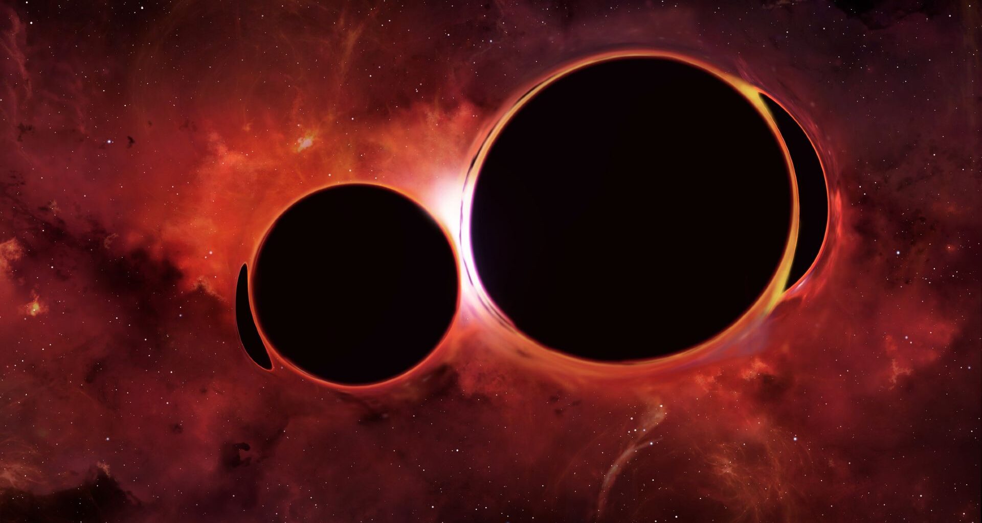 Two large dark holes are seen close together against a red glowing cosmic background