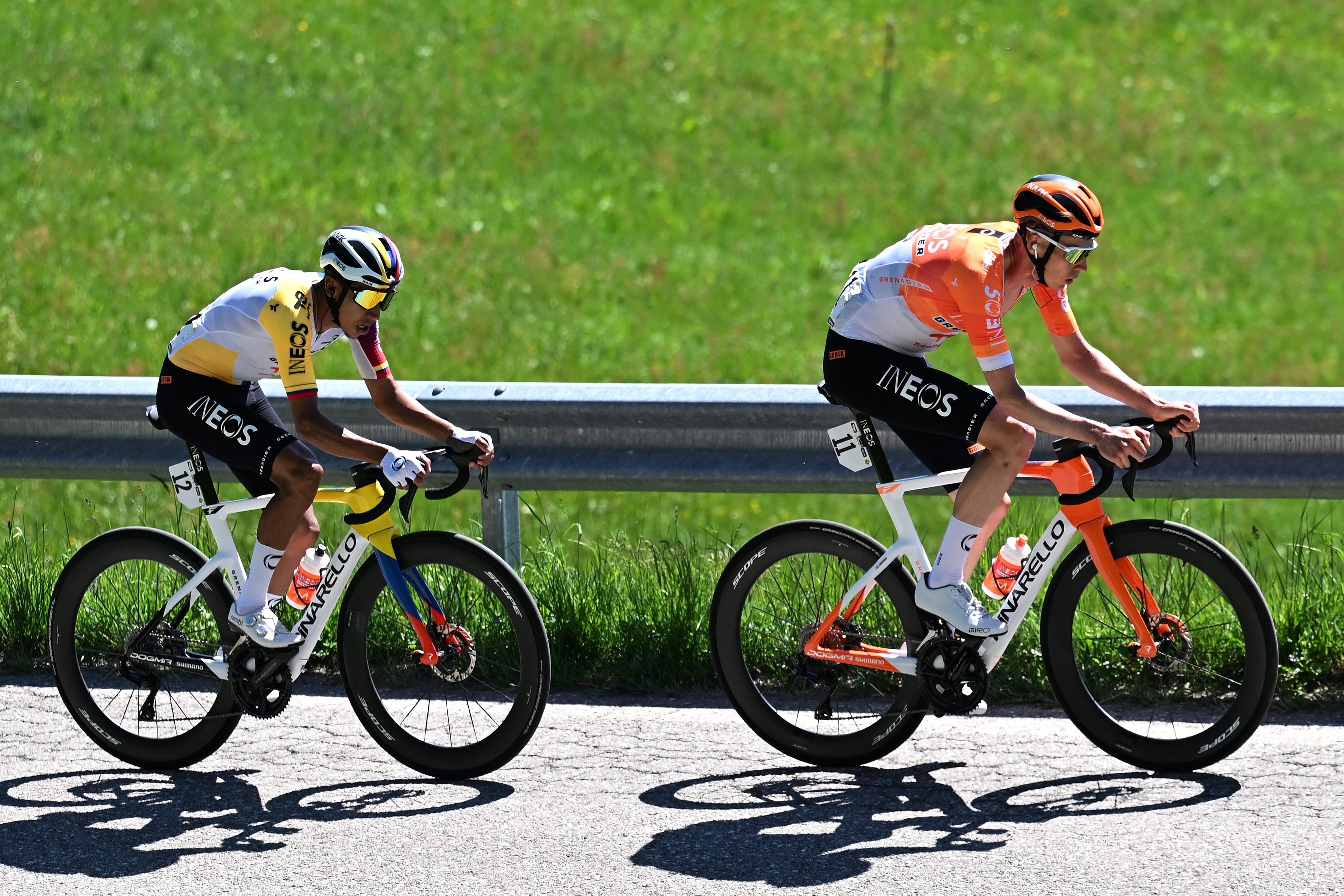 BOZEN-BOLZANO, ITALY - APRIL 24: (L-R) Egan Bernal of Colombia and Thymen Arensman of Netherlands and Team INEOS Grenadiers compete in the chase group during the 48th Tour of the Alps 2026, Stage 5 a 128.6km stage from Trento to Bozen-Bolzano on April 24, 2026 in Bozen-Bolzano, Italy. (Photo by Tim de Waele/Getty Images)