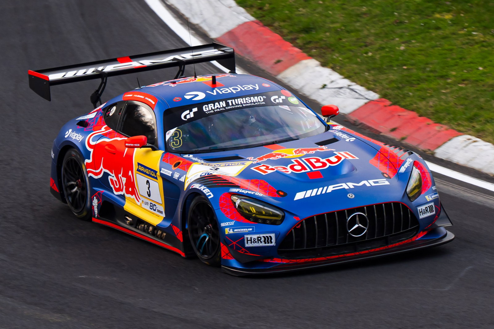 The #3 Mercedes-AMG Team Verstappen Racing car of Max Verstappen, Jules Gounon, and Daniel Juncadella during NLS2.
