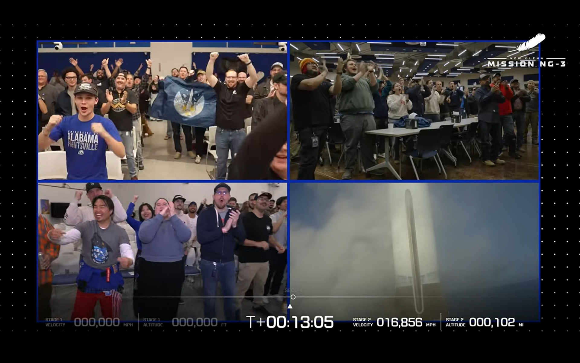 Blue Origin team members cheer during the successful landing of NG-3.
