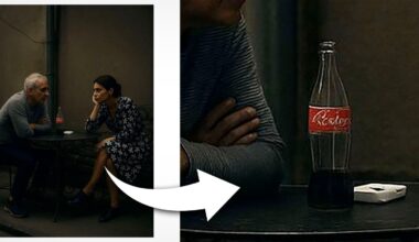 A man and woman sit at a small round table outdoors at night, engaged in conversation. An arrow highlights a close-up of a Coca-Cola bottle and a white ashtray on the table.