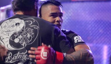 Kai Kamaka III hugged a friend after a Bellator MMA fight at the Blaisdell Arena in 2023.