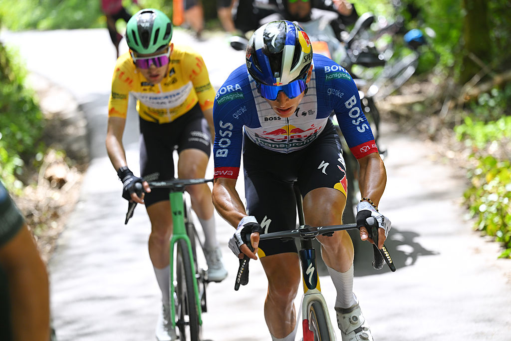 EIBAR, SPAIN - APRIL 10: (L-R) Paul Seixas of France and Team Decathlon CMA CGM - Yellow Leader Jersey and Florian Lipowitz of Germany and Team Red Bull - BORA - hansgrohe compete in the chase group during the 65th Itzulia Basque Country 2026, Stage 5 a 176.2km stage from Eibar to Eibar / #UCIWT / on April 10, 2026 in Eibar, Spain. (Photo by Tim de Waele/Getty Images)
