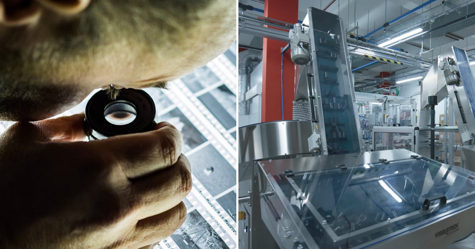 A split image shows a person inspecting photographic film with a magnifier on the left, and automated machinery in a modern industrial facility on the right.
