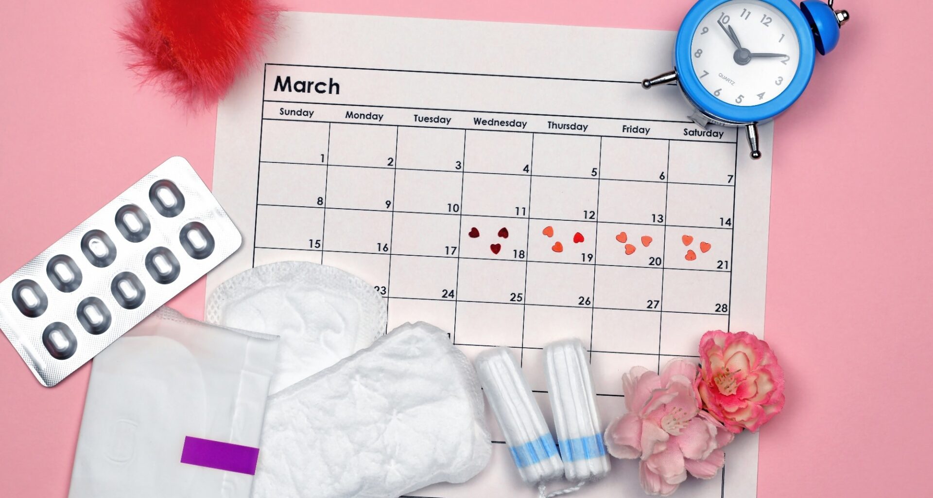 Menstrual pads and tampons by the period of the menstrual cycle on a pink background