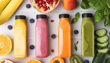 Glass bottles of tasty smoothies and different products on white tiled table, flat lay