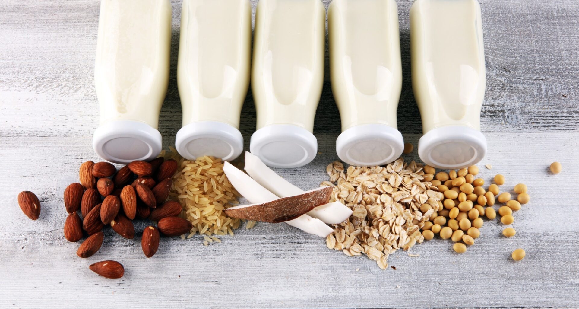 Various vegan plant based milk alternatives and ingredients. Dairy free milk substitute drink, healthy eating.