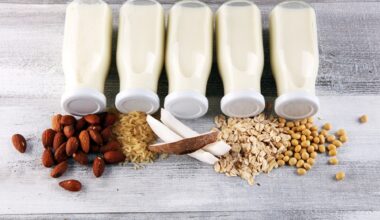 Various vegan plant based milk alternatives and ingredients. Dairy free milk substitute drink, healthy eating.