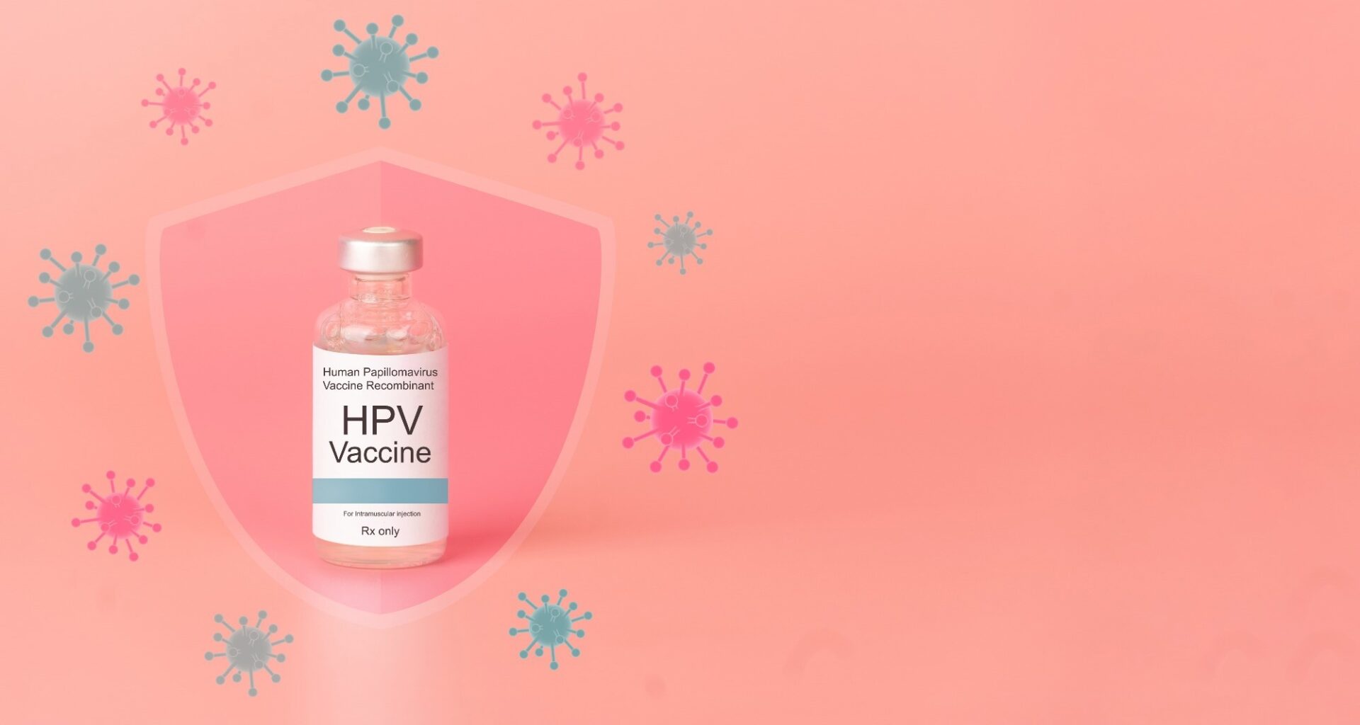 Human papillomavirus (HPV) vaccine bottle with glass shield and virus on pink background. HPV vaccine protects against certain types of HPV that can cause cervical cancer.