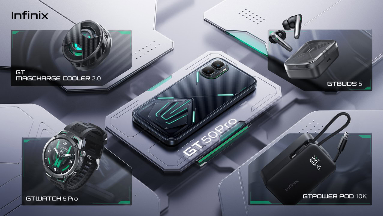 Infinix GT 50 Pro GT ecosystem Infinix GT 50 Pro alongside Infinix's GT ecosystem comprising a power bank, cooling fan, smartwatch, and earbuds