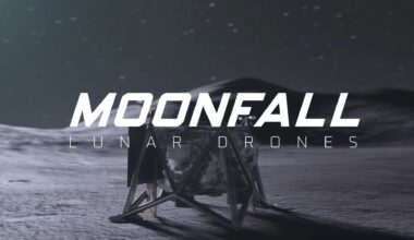 a cube-shaped vehicle soars above a dusty grey surface dotted with craters