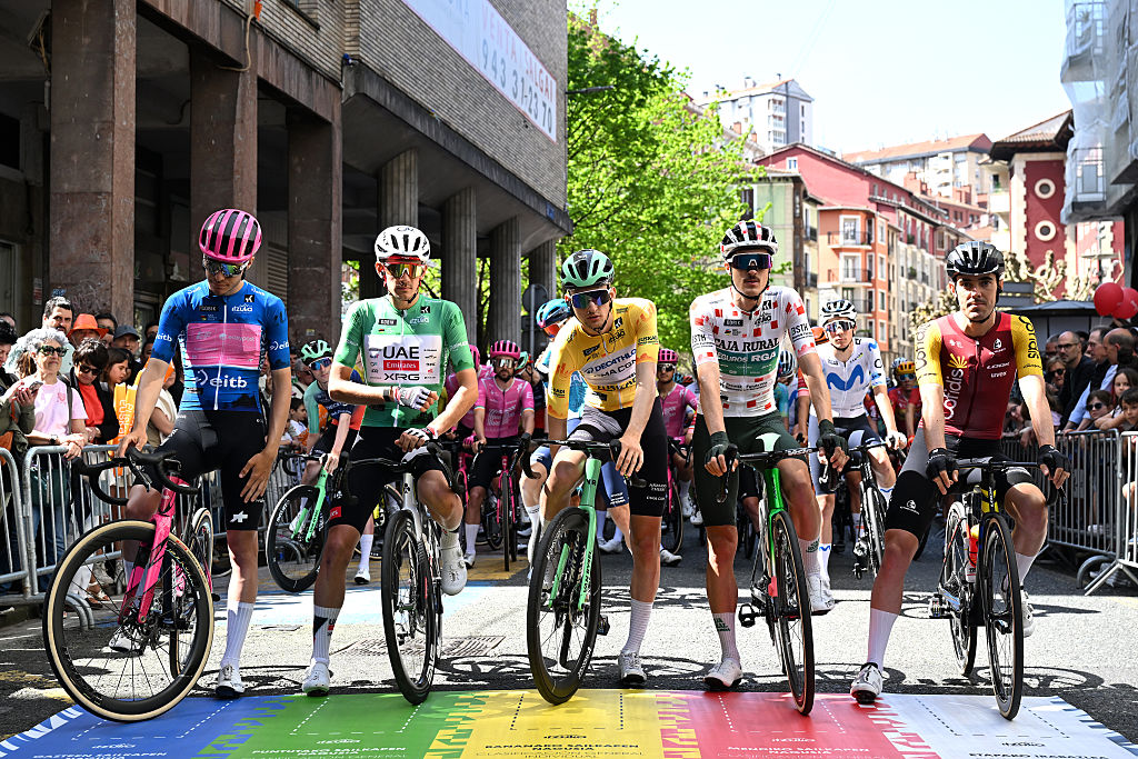 EIBAR, SPAIN - APRIL 10: (L-R) Markel Beloki of Spain and Team EF Education - EasyPost - Blue Best Young Rider Jersey, Igor Arrieta of Spain and UAE Team Emirates - XRG - Green Points Jersey, Paul Seixas of France and Team Decathlon CMA CGM - Yellow Leader Jersey, Joan Bou of Spain and Team Caja Rural - Seguros RGA - Polka Dot Mountain Jersey and Alex Aranburu of Spain and Team Cofidis prior to the 65th Itzulia Basque Country 2026, Stage 5 a 176.2km stage from Eibar to Eibar / #UCIWT / on April 10, 2026 in Eibar, Spain. (Photo by Tim de Waele/Getty Images)