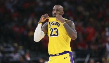 Apr 24, 2026; Houston, Texas, USA; Los Angeles Lakers forward LeBron James (23) looks up during the fourth quarter against the Houston Rockets during game three of the first round of the 2026 NBA Playoffs at Toyota Center. Mandatory Credit: Troy Taormina-Imagn Images