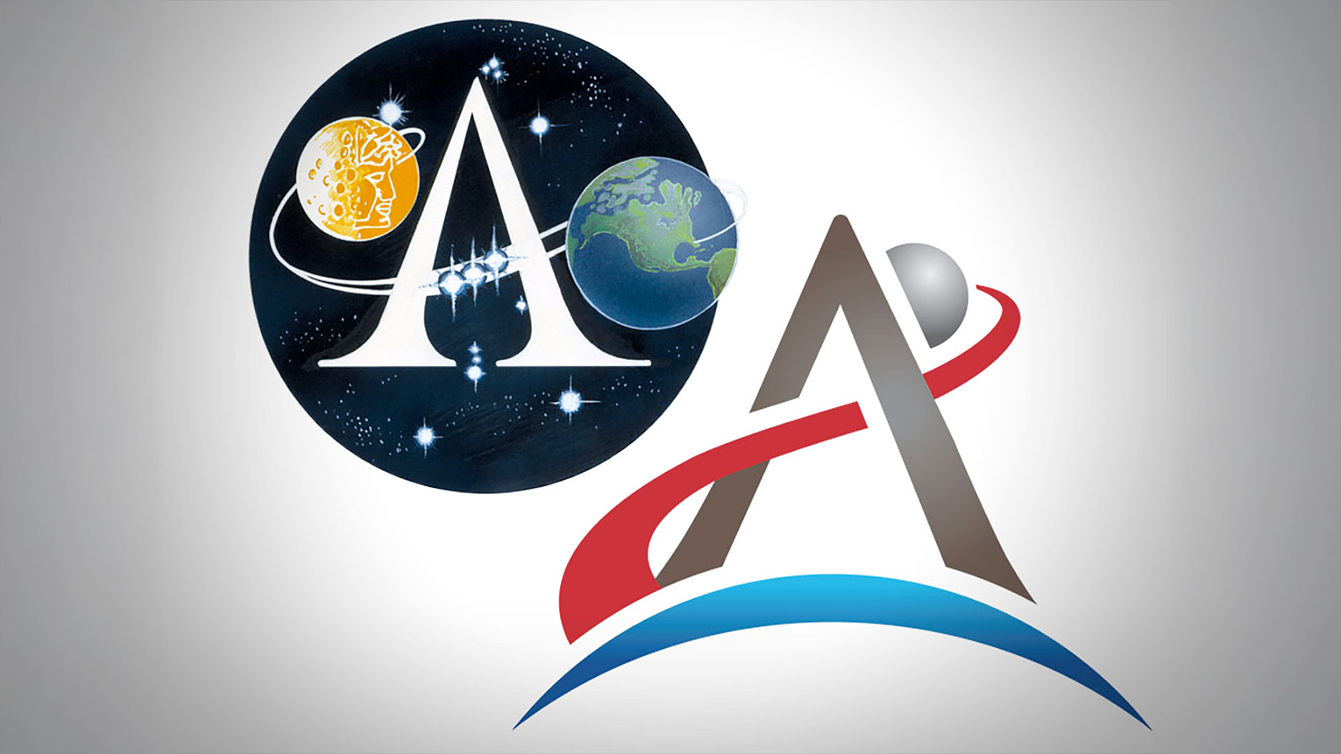 side-by-side logos each featuring the letter "A" and depictions of the moon and Earth