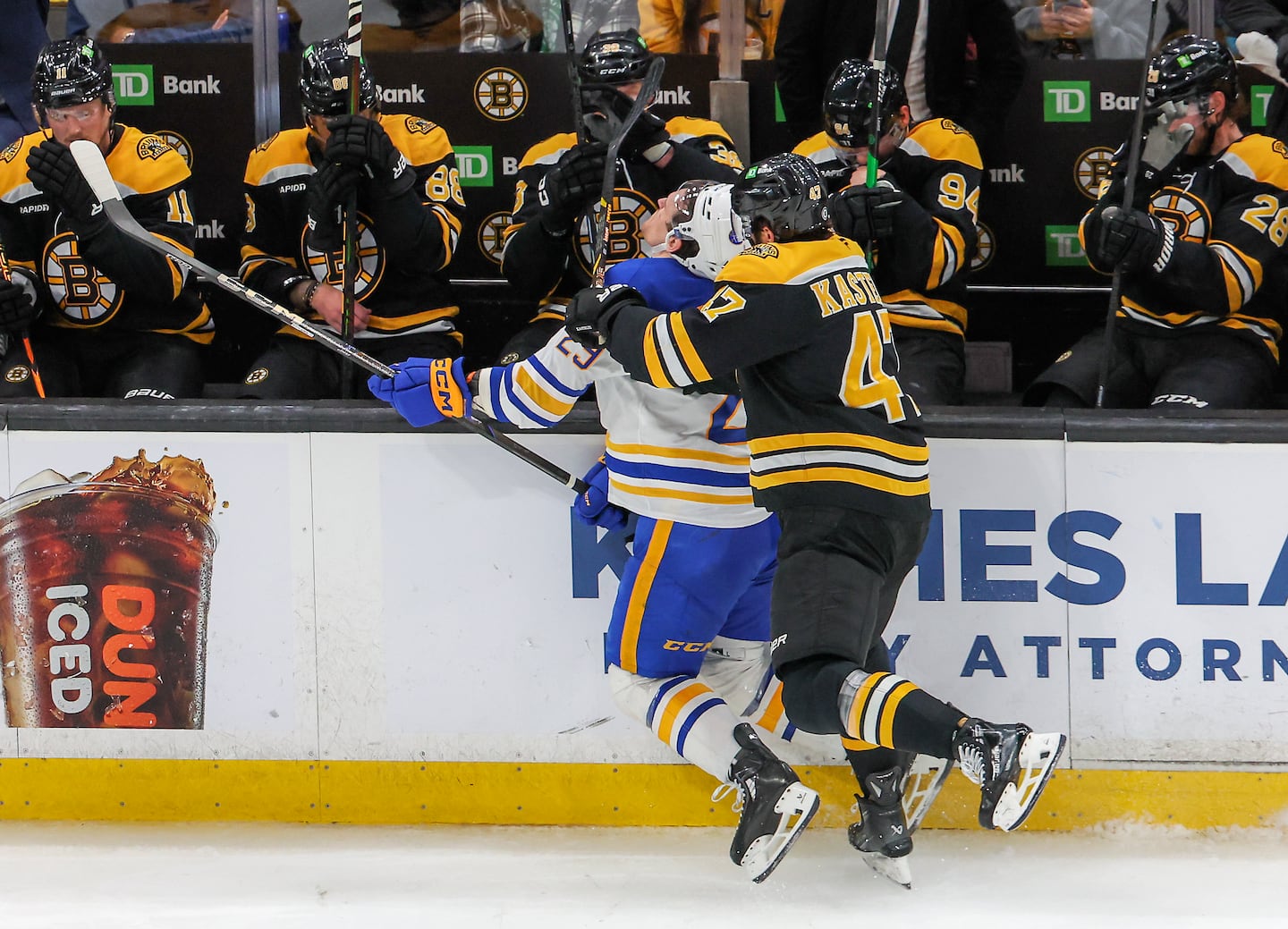 Bruins big-hitter Mark Kastelic (right) and Sabres tough-guy Beck Malenstyn were junior teammates as teenagers, but now they're battling head-to-head in the playoffs. 