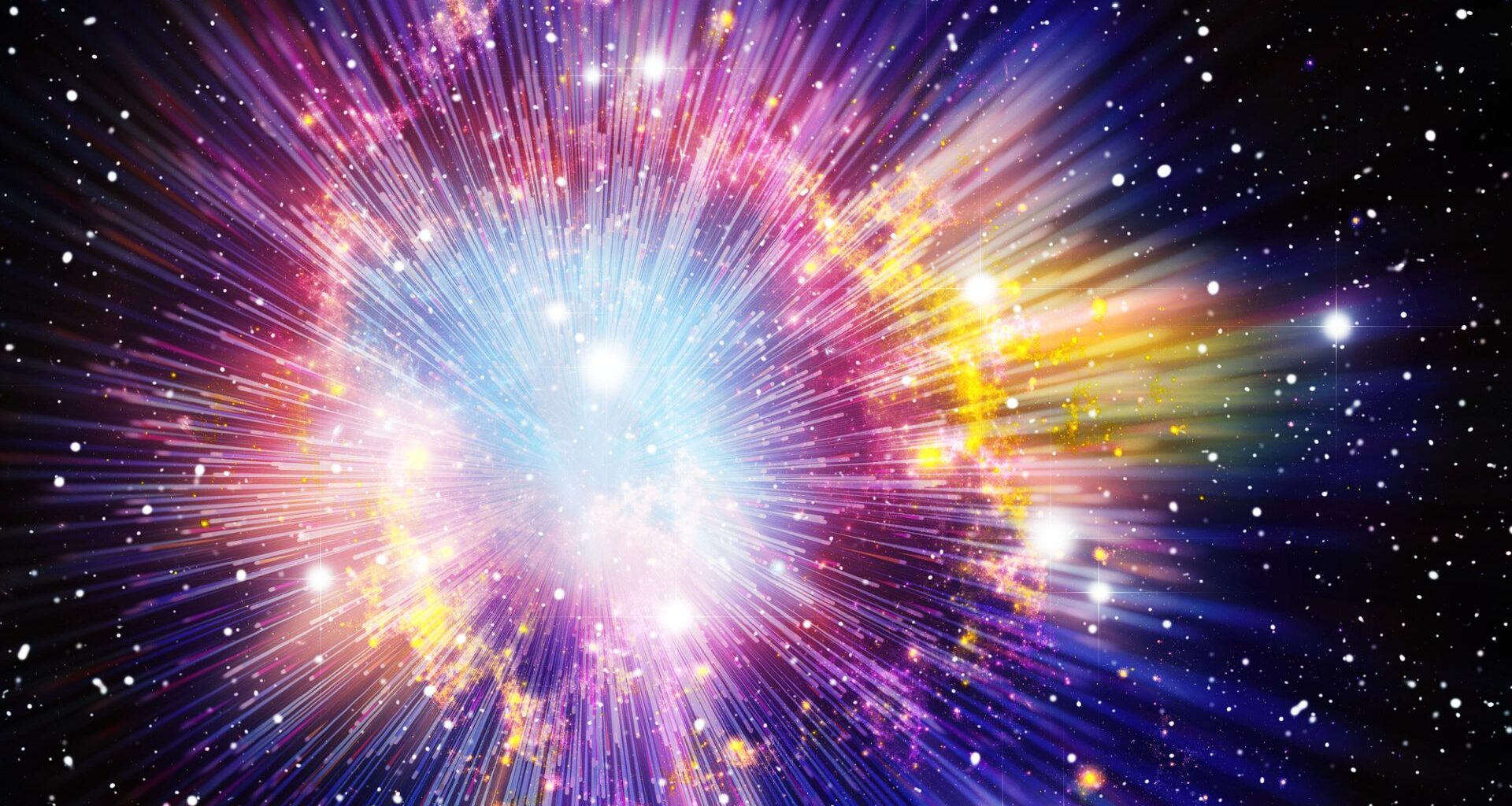 An illustration of the Big Bang, with purple, blue and yellow colors spread out from a white glowing light with straight rays coming out in all directions, all over a starry black background.