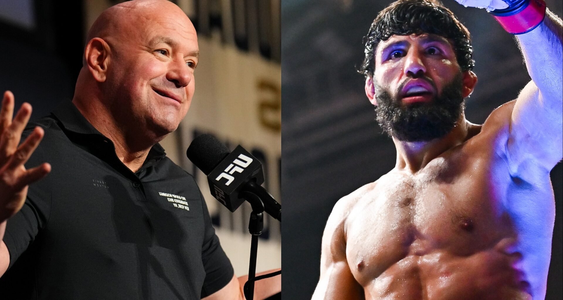 Dana White speaks during the UFC 322 press conference, opposite Arman Tsarukyan celebrating after a win at UFC Qatar