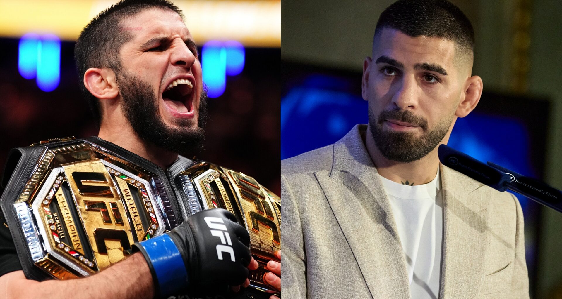 Islam Makhachev celebrates after a win at UFC 322, opposite Ilia Topuria