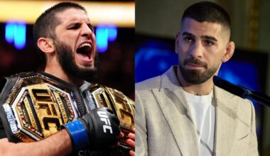 Islam Makhachev celebrates after a win at UFC 322, opposite Ilia Topuria