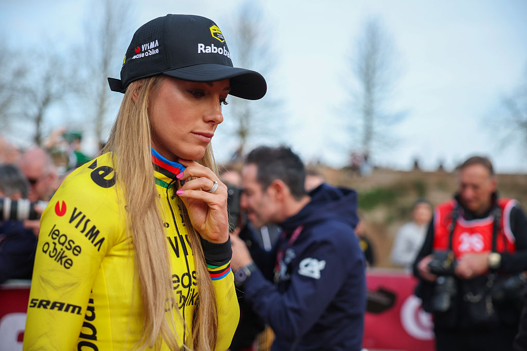 SIENA, ITALY - MARCH 06: Pauline Ferrand-Prevot of France and Team Visma | Lease a Bike attends team presentation prior to the 20th Strade Bianche 2026 on March 06, 2026 in Siena, Italy. (Photo by Sara Cavallini/Getty Images)