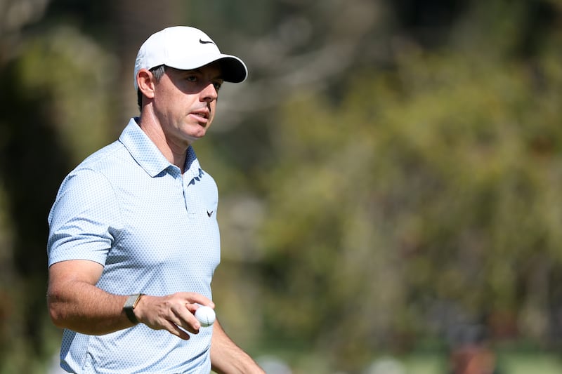Rory McIlroy of Northern Ireland reacts to a putt on the 10th green during the final round of The Genesis Invitational at Riviera Country Club. Photograph: Mike Mulholland/Getty