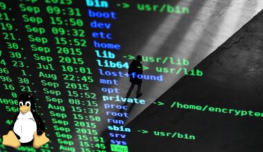 A screenshot of a Linux directory listing with a picture of Tux, the Linux mascot, in the corner; a person is walking in the reflection on the screen.