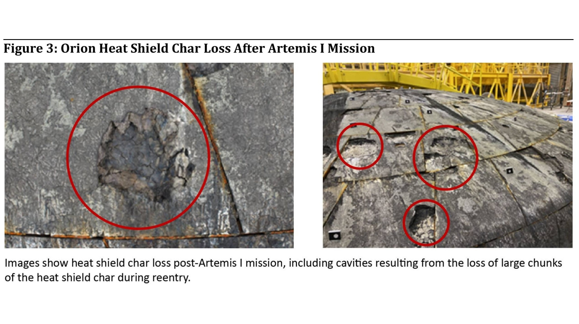 two side-by-side closeup images showing damage to a spacecraft's heat shield