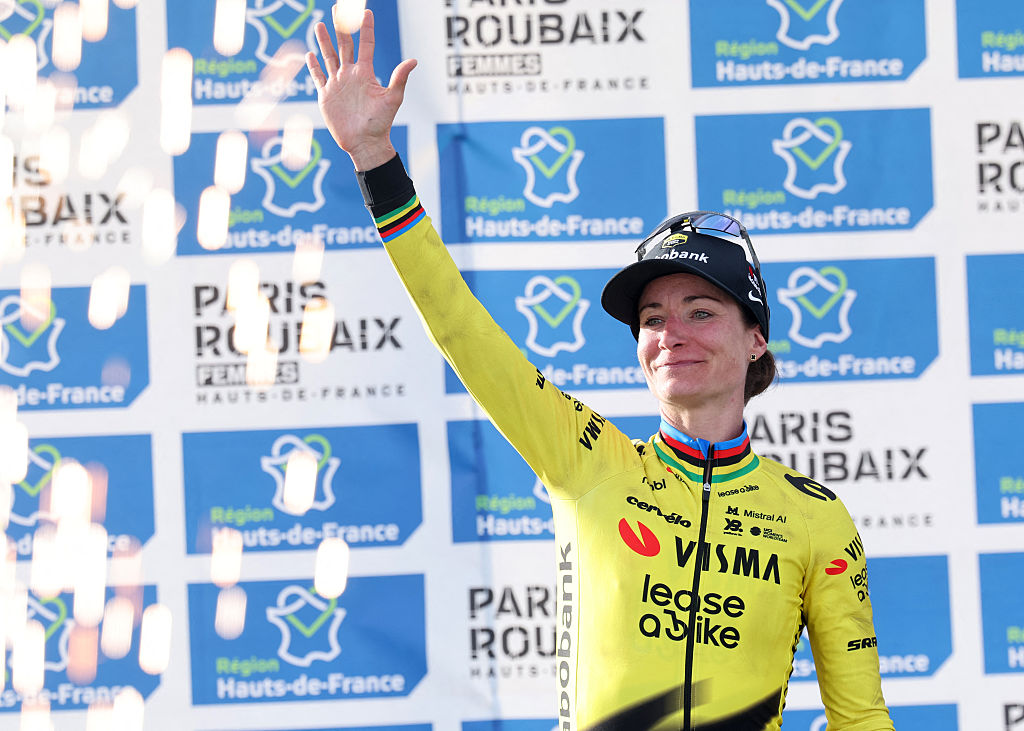 Second-placed Team Visma - Lease a Bike's Dutch rider Marianne Vos celebrates on the podium of the 6th edition of the Women Paris-Roubaix one-day classic cycling race, 143.1 km between Denain and Roubaix, at the V&eacute;lodrome Andr&eacute;-P&eacute;trieux in Roubaix, northern France, on April 12, 2026. (Photo by Francois LO PRESTI / AFP via Getty Images)
