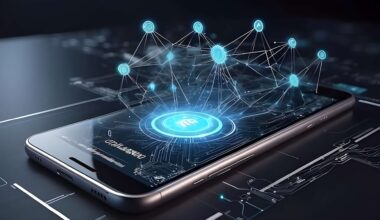 A smartphone on a dark surface displays a holographic network of connected nodes.