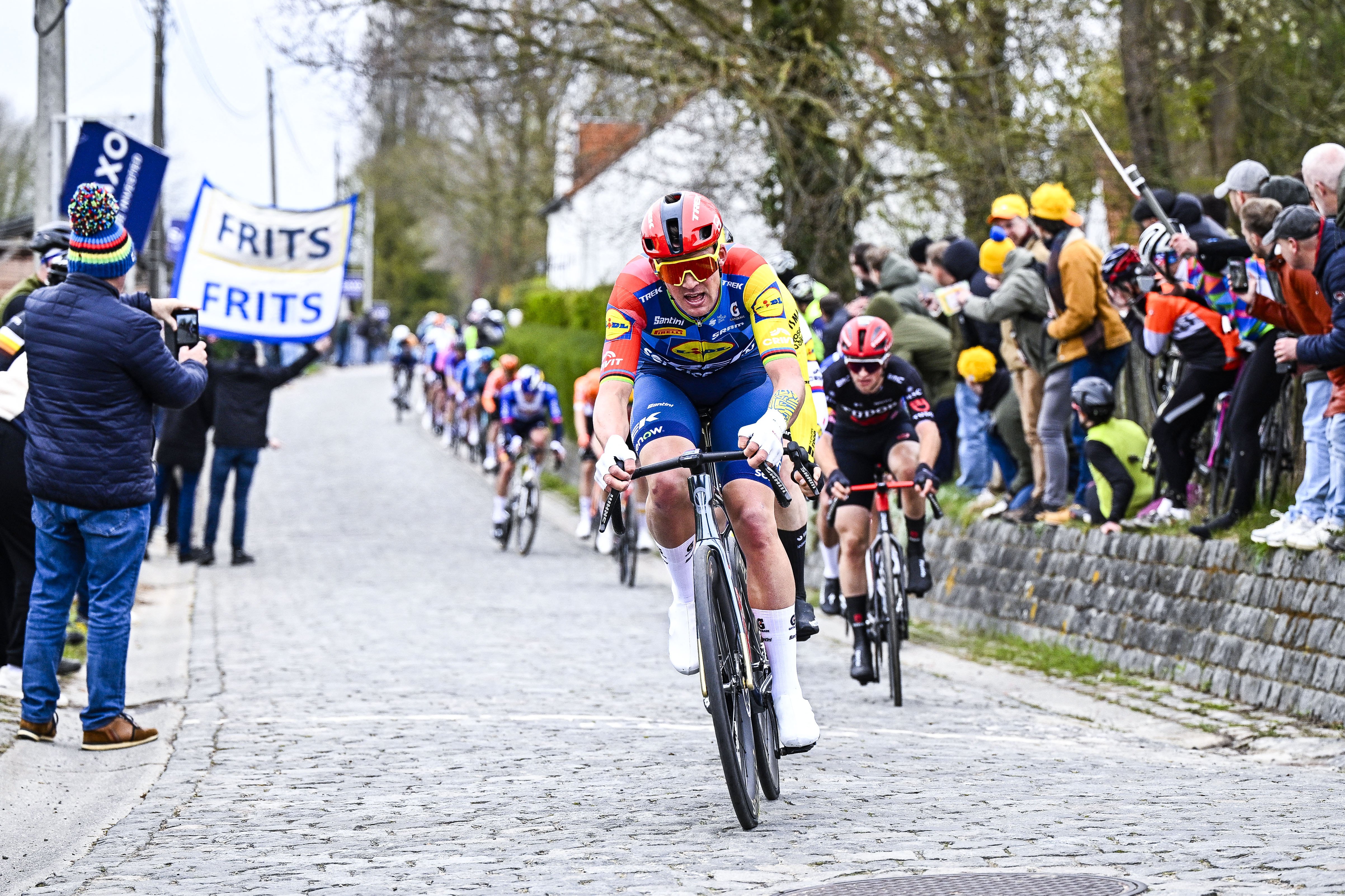 Danish Mads Pedersen of Lidl-Trek pictured in action during the 'E3 Saxo Bank Classic' one day cycling race, 208,8km from and to Harelbeke, on Friday 27 March 2026. BELGA PHOTO JASPER JACOBS (Photo by JASPER JACOBS / BELGA MAG / Belga / AFP via Getty Images)