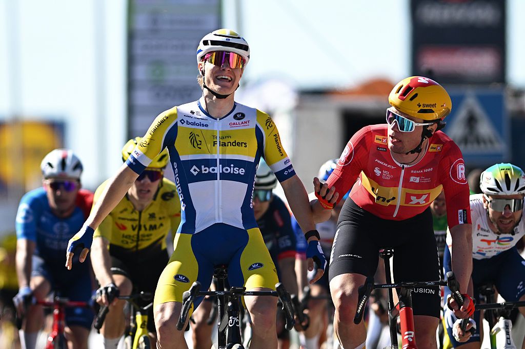 Tom Crabbe celebrates winning the sprint to win stage 1 of the Tour of Turkey