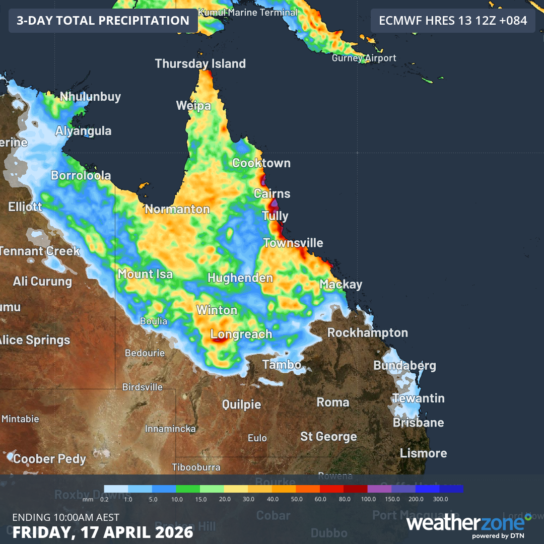 Accumulated rainfall predicted for Queensland by 10pm on Friday, April 17, 2006, according to the ECMWF model. Source: Weatherzone.